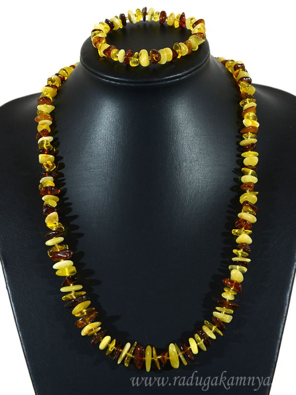 Set of amber beads and bracelet crumb lemon, milk, cognac, 60cm