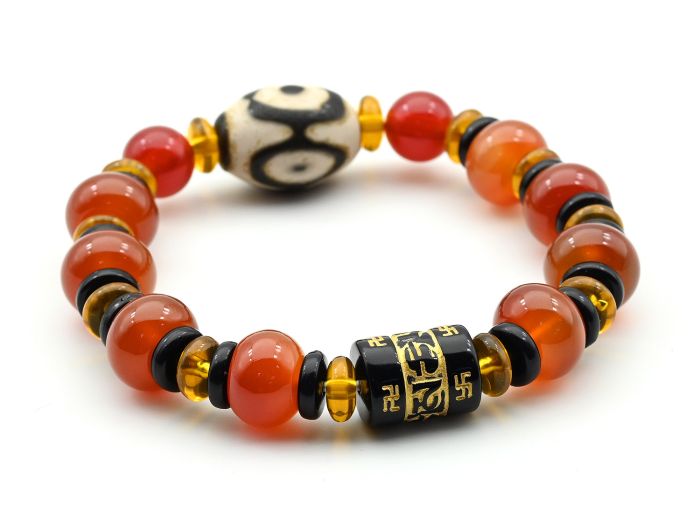 Bracelet with ji bead "Three eyes" barrel 15*20mm with carnelian rondel 12*8mm