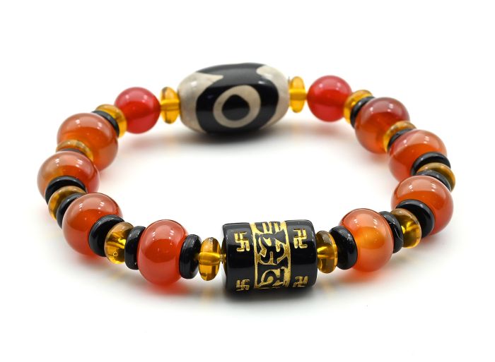 Bracelet with ji bead "Three eyes" barrel 15*18mm with carnelian rondel 12*8mm