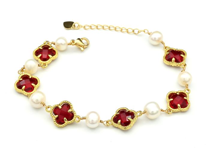 Clover bracelet with pearls and zircon ball 7mm, 19cm