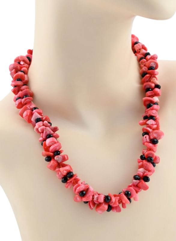 Coral beads with zircon triple weave orange ribbon, 52cm.