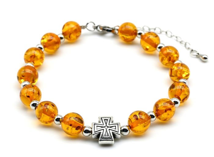 Bracelet made of amber ball 8mm with a cross color honey, 18cm