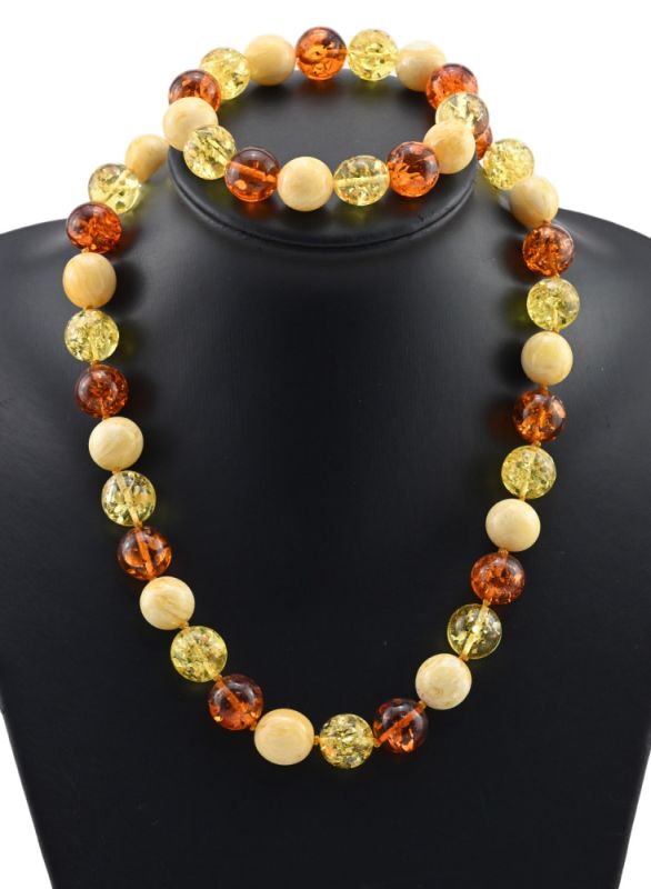 Beads and bracelet made of amber crumpled ball 14-15mm lemon, milk, cognac, 50cm