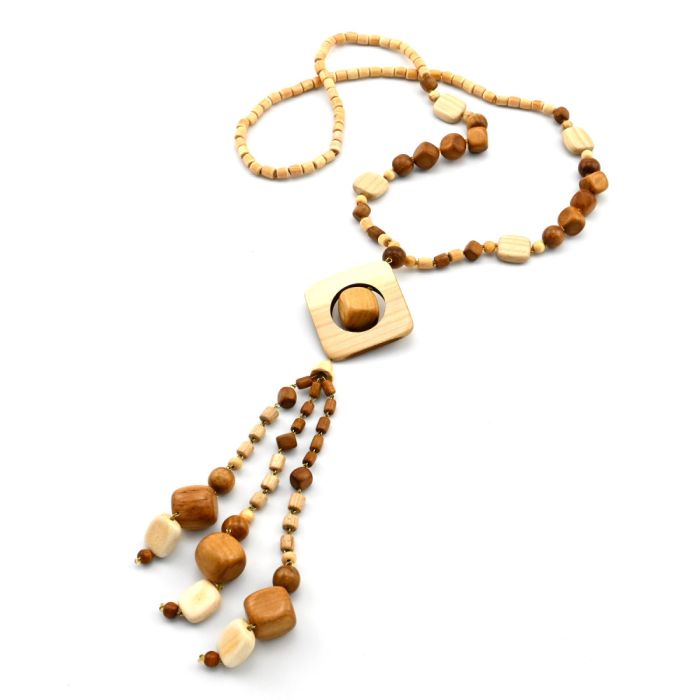 Beads made of wood with a Baguette pendant, 72cm