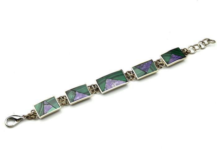 Mosaic bracelet made of malachite and charoite, 16 cm