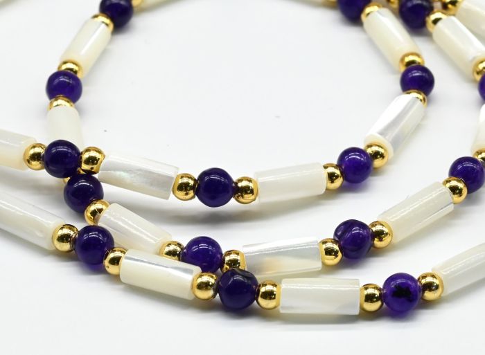 Pearl beads cylinder with amethyst, 47cm.