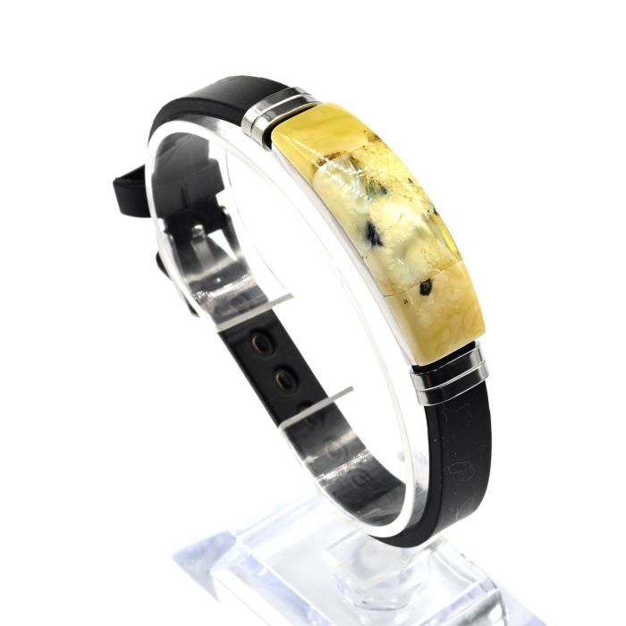 Bracelet on a rubber strap with an amber insert rectangle 13*41mm color.milk, 21cm