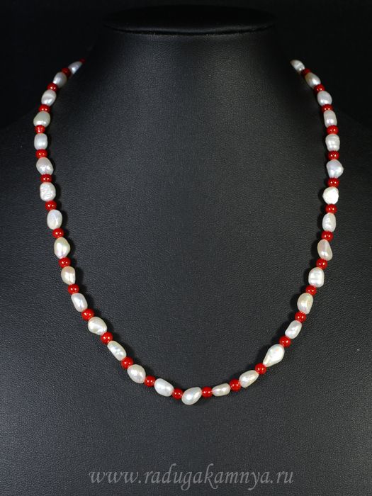 Baroque Pearl Beads 6*7mm white, 4mm red bead, 46cm