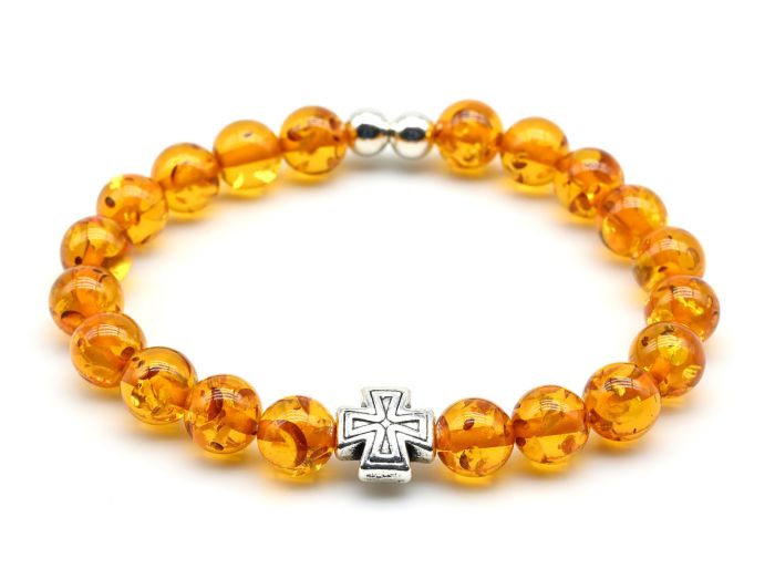 Bracelet made of amber ball 8mm with a cross color honey