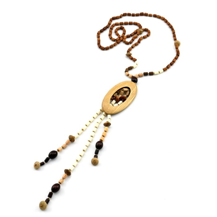 Wooden beads with oval pendant, 78cm