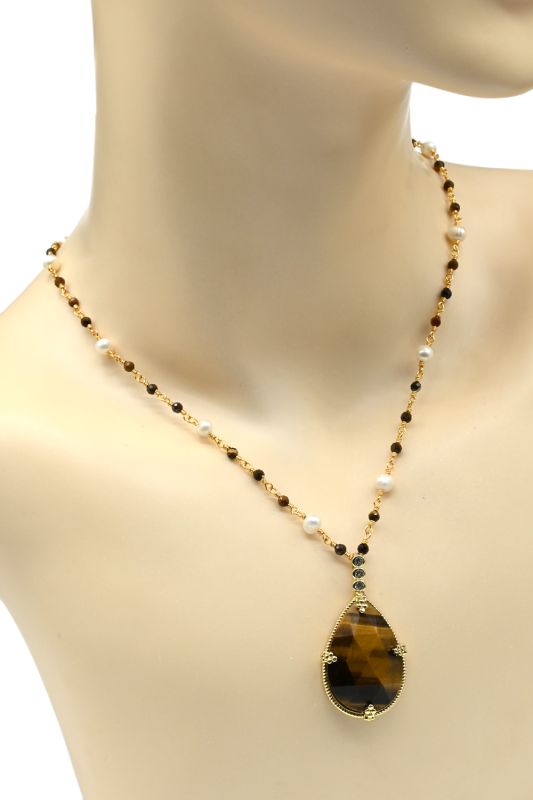 Beads with a Drop pendant made of tiger's eye, 78cm