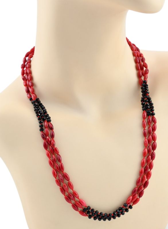 Coral beads with zircon 3 strands red rice, 54cm.