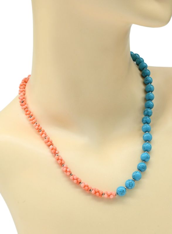 Beads made of orange coral and turkvenite (imitation turquoise), 46cm