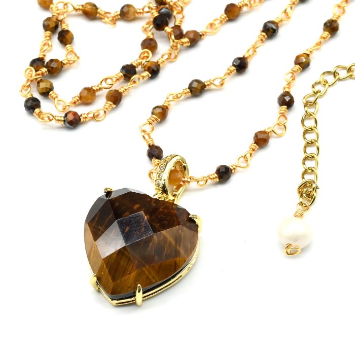 Beads with a Heart pendant made of tiger's eye, 88cm