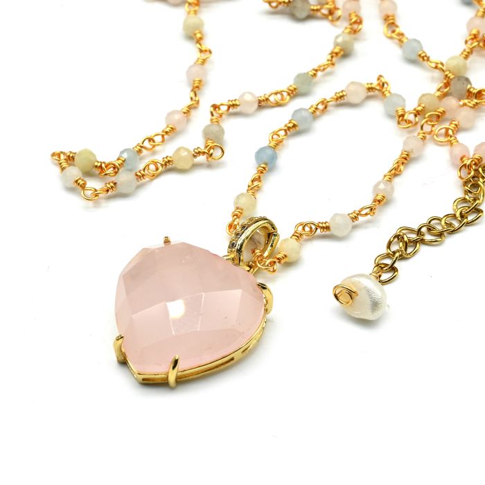 Beads with a Heart pendant made of rose quartz, 88cm