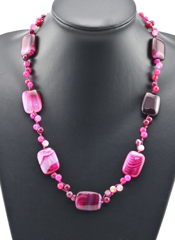 Beads made of tinted agate, rectangle 18*25mm ball 6mm braided, fuchsia, 57cm