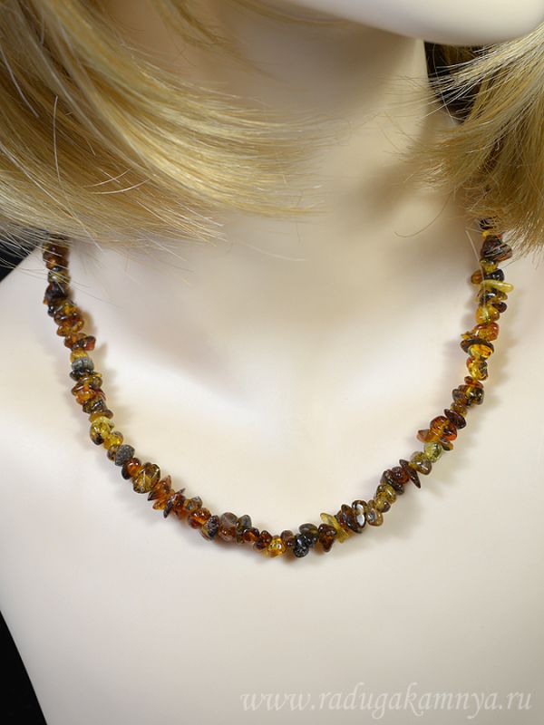 Beads amber crumb green, 45cm