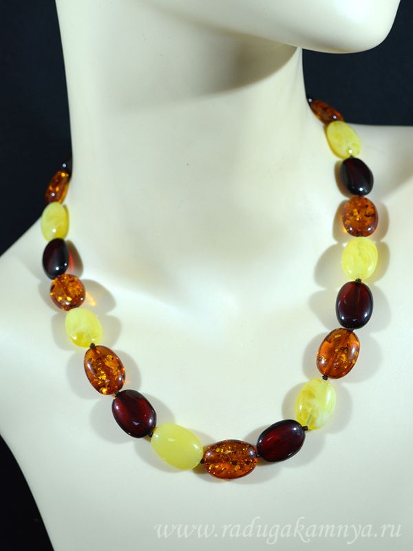 Amber beads vol.oval 13*18mm color. milk, cognac, cherry, 47cm