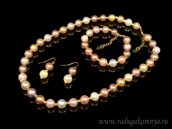 Beads, bracelet and pearl earrings bead 8-9mm color mix, 43cm, 17cm, 2cm