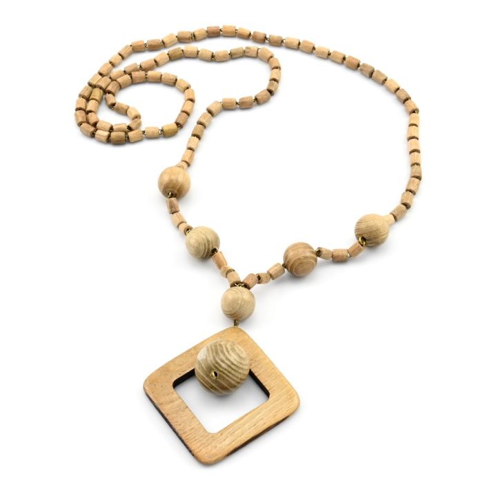 Wooden beads with Diamond pendant, 76cm