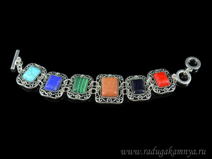 Bracelet on a metal base of 6 rectangles 28*23mm, 24*19mm with gems, 18, 20cm.